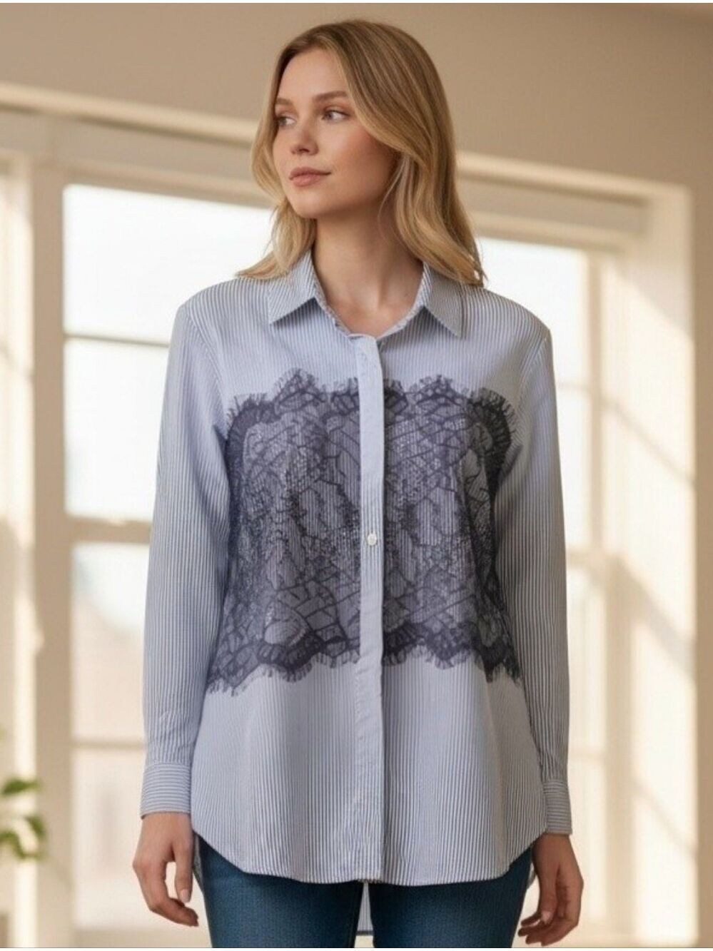 OVI Striped Button Down Top Lace Panel Large #BL32